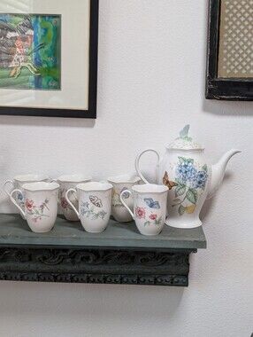 Vtg Lenox Butterfly Meadow Coffee Pot and Set of 6 Different  Coffee Mugs Cups